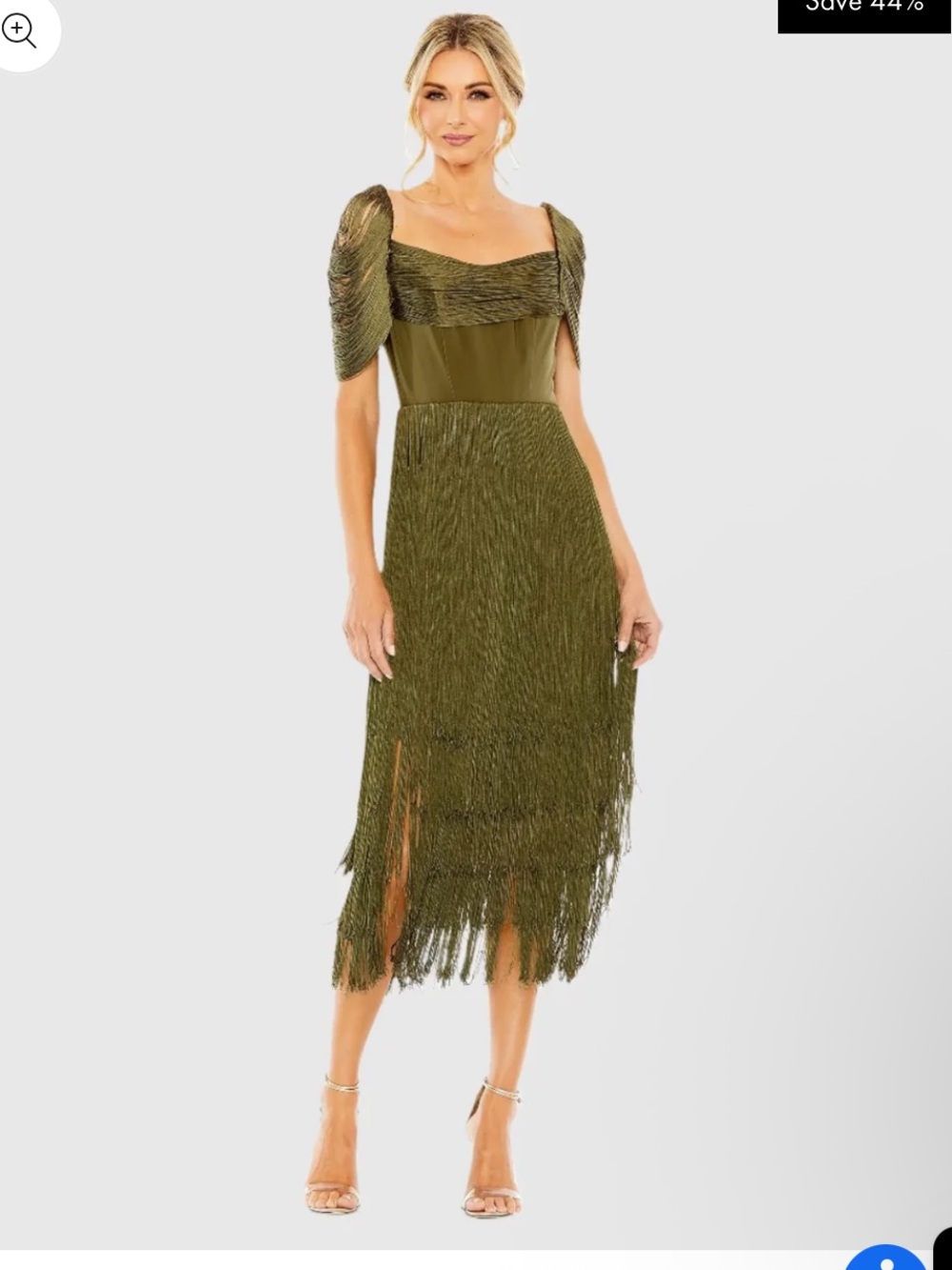 Mac Duggal Short Sleeve Fringe Detailed Midi Dress Olive 6
